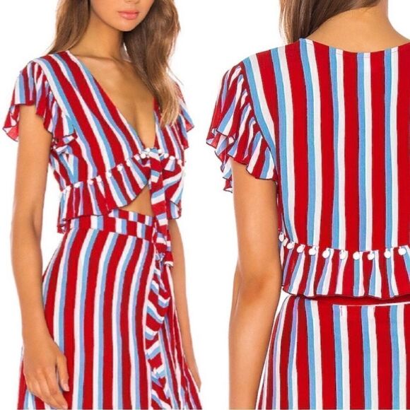 Lovers and Friends Waves For Days Crop Top Ruffle Sleeve Americana Stripe Sz S - Picture 2 of 7